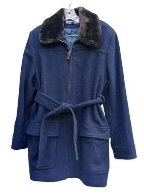 Herman Kay 100% Wool Navy Belted Coat Size 8 Faux Fur Collar Vintage